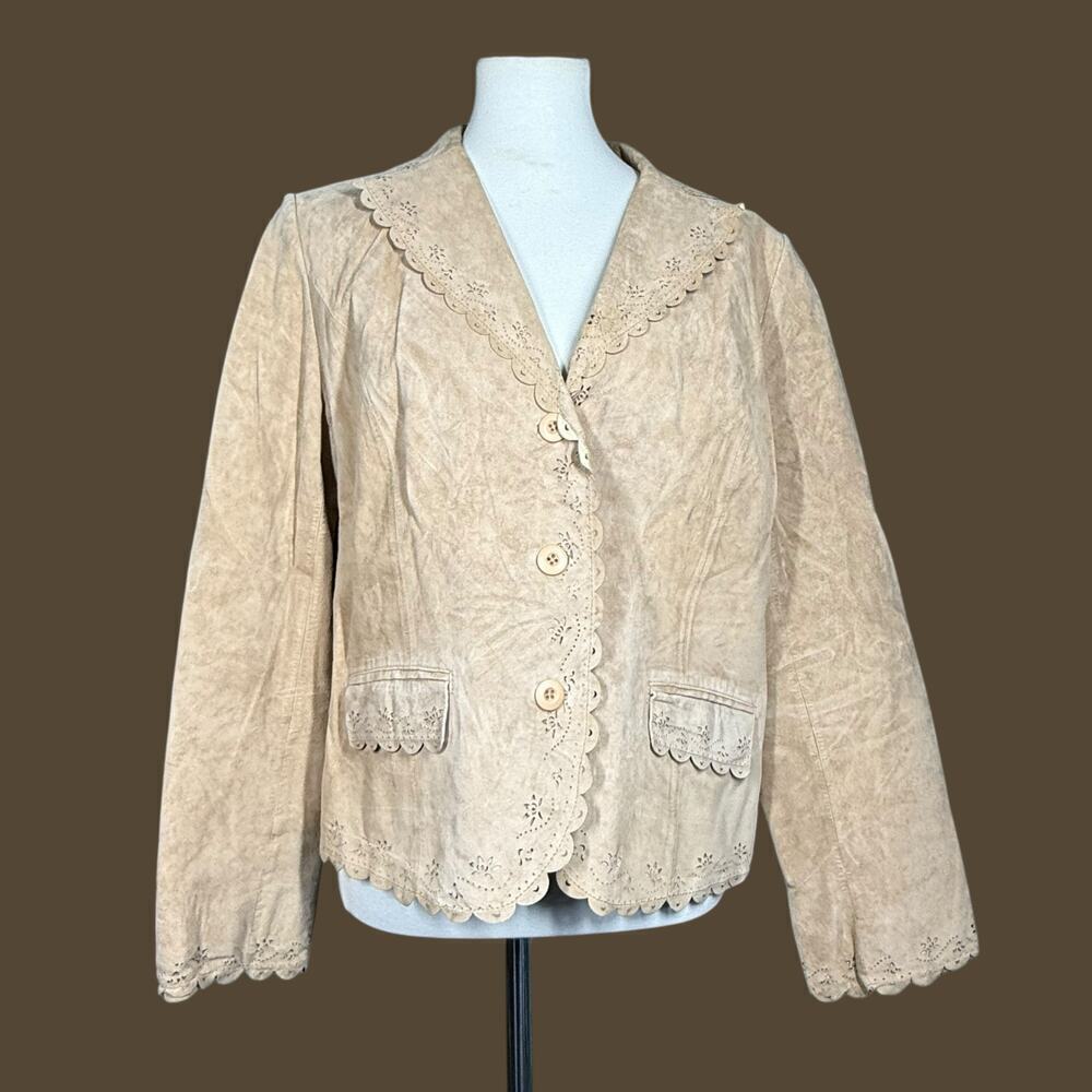 Pendleton Suede Leather Vintage Y2K Scalloped Eyelet Cutout Cream Jacket Large